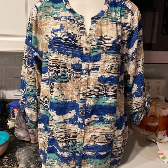 D womens Coral Bay casual roll tab sleeves button up plus size shirt 2X - Picture 1 of 4